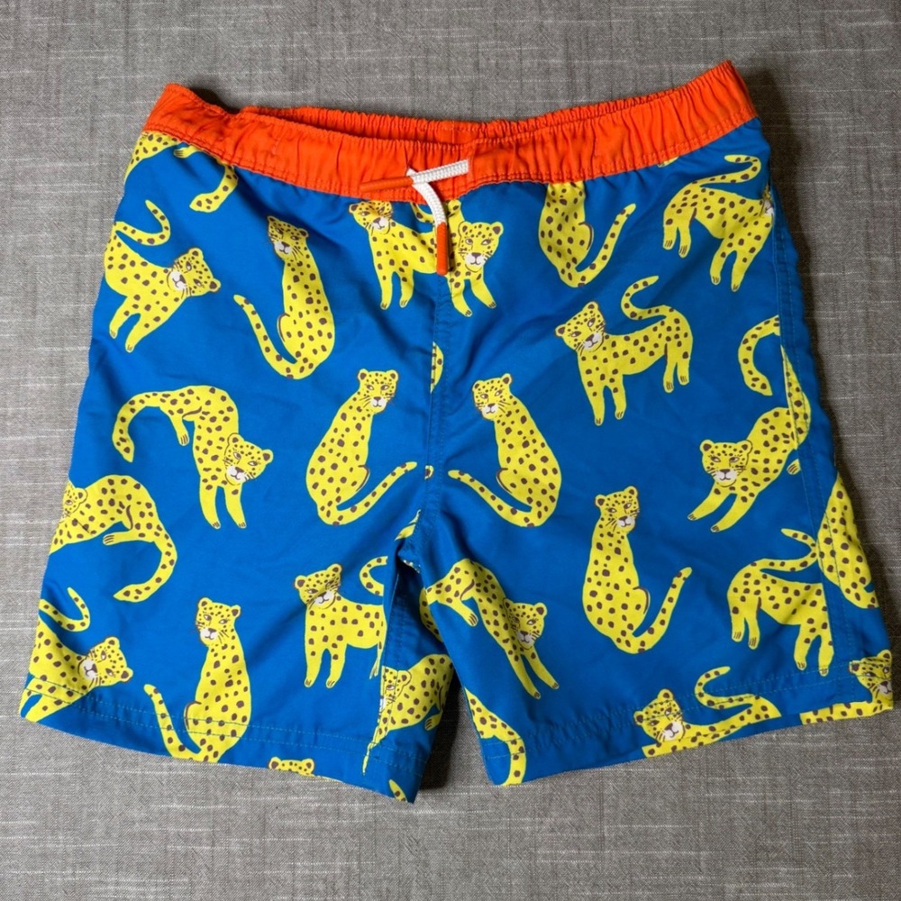 Mini Boden Boys Blue Yellow Leopard Swim Trunks Orange Waistband 7-8Y 128cm